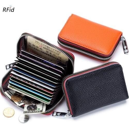 2021 New Arrival RFID Genuine Leather Small Zipper Mini Card Wallet Women Coin Purse Pocket Female Business Card Holder For Man