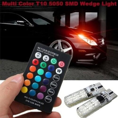 2x T10 6SMD 5050 RGB LED Car Wedge Side Light Reading Lamp Bulb + Remote Control