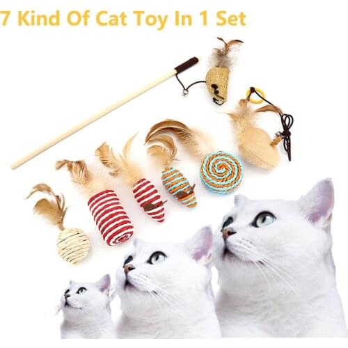 7Set Cat Toy Interactive Cat Toy Feather Mouse Stick Fishing Game Wand Pet Supplies Accessory Small Bell Rolling Ball Kitten Toy