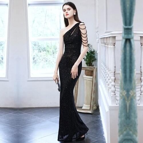 Black One-Shoulder Elegant Evening Dresses Sleeveless Simple Mermaid Pleat Floor-length Plus size Women Formal Party Dress C1113