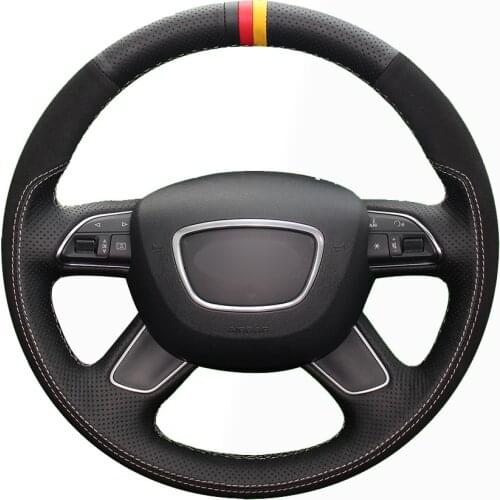Black Natural Leather Black Suede Car Steering Wheel Cover for Audi Q7 2012-2015 Q3 Q5 2013-2016 A4 (B8) 2014 2015