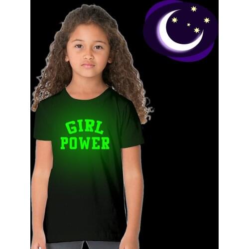 Kids Girls Summer Noctilucent T-shirt Girl Power Print Fashion Glow In Dark Clothes Funny Child Luminous Short Sleeve Tees Tops