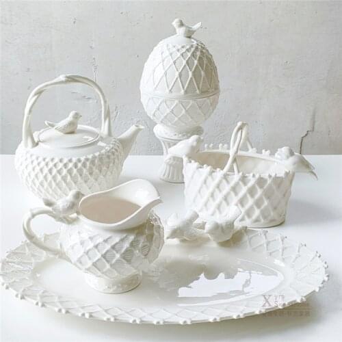 European dish ceramic embossed bird woven basket binaural tray fruit plate milk pot teapot flower basket white dish gift CL10241