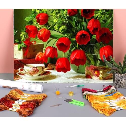 Poppy Flower Printed Fabric 11CT Cross-Stitch Set Embroidery DMC Threads Knitting Needlework Painting Handmade Stamped Jewelry
