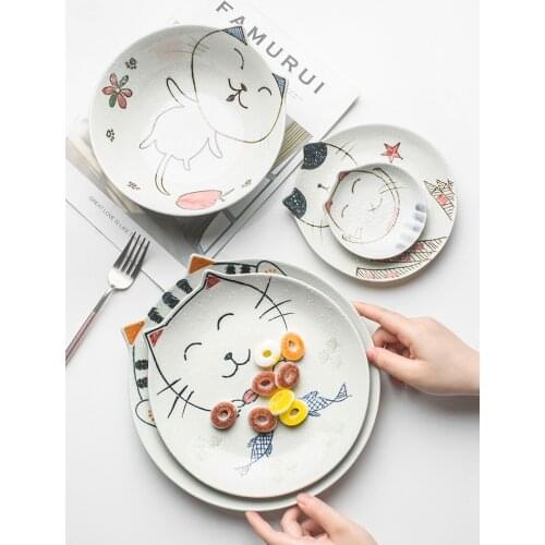Japanese-style hand-painted cute cat ceramic plate and dish childrens tableware household dinner plate rice bowl tableware