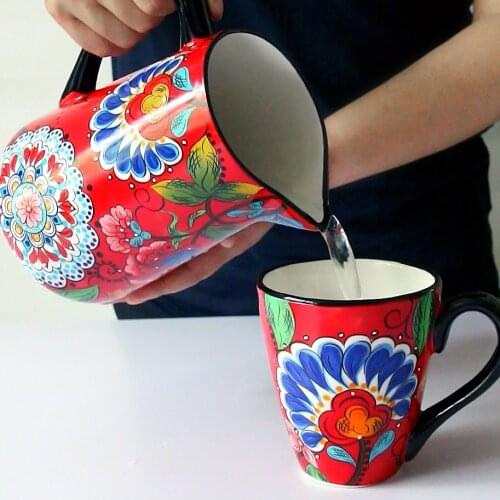 1.6L Red Flowers European Style Ceramic Large Capacity Water Pot Creative Living Room Vase Fashion Home Decoration