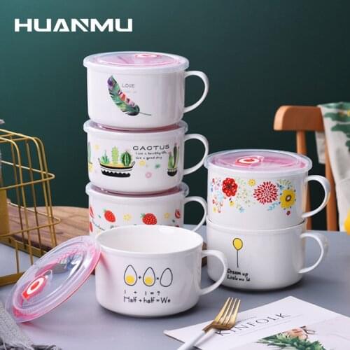 Creative Cartoon Large Mug Ceramic Lunch Box Student Noodle Cup Instant Noodle Soup Bowl With Lid and Handle Fresh bowl Cup Gift
