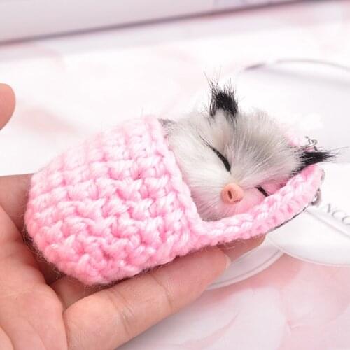 2020 NEW Cute Sleeping Cat Pompom Keychains Women Girls plush-filled pendant