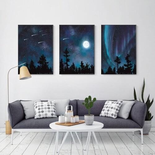 Aurora Borealis Shooting Stars Sky Moon Canvas Painting Wall Art Nordic Posters and Prints Wall Pictures for Living Room Decor