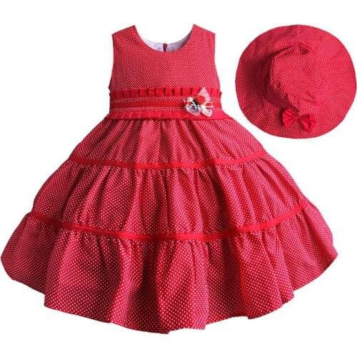 New Summer Girl Dress with Hat Red Dot Fashion Bow Girls Dresses Casual A-line Kids Clothes robe fille enfant 3-7T