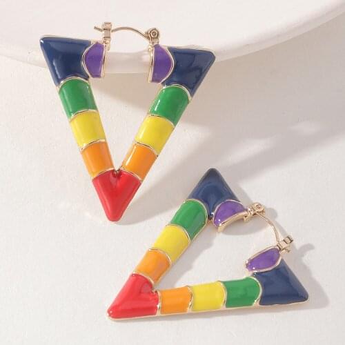 New Arrival Metal Geometric Earrings Womens Hiphop/Rock V Drops of Glaze Rainbow Alloy Eardrop Earrings Jewelry for Girls