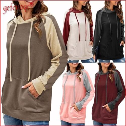 Autumn Clothes Women 2021 Fashion Casual Patchwork Harajuku Loose Hooded Sweatshirt Female Lace Up Pocket Hoodies Pullover Tops