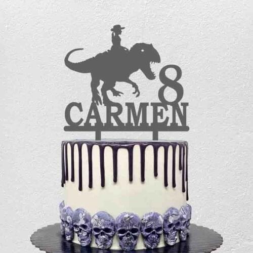 Personalized Kids Birthday Cake Topper Custom Name Age Girl Riding Indominus Rex For Dinosaur Fans Birthday Party Cake Topper