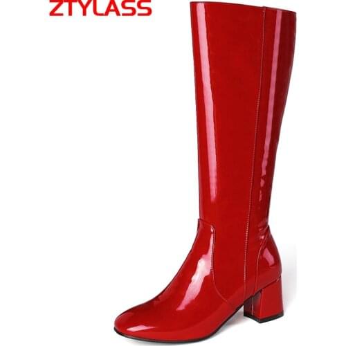 2021 Winter Women Shoes Fashion Patent Leather Knee High Boots Square Heel Long Boots Autumn Zipper Boots Shoes Black White Red