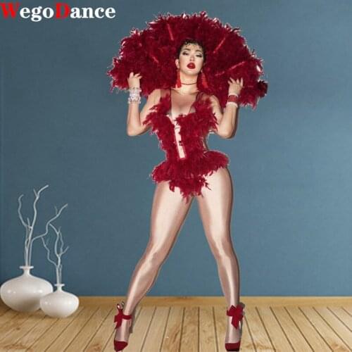 Sexy Women Crystal Rhinestones Red Feather Bodysuit Dance Costume Prom Birthday Celebrate Singer Fan