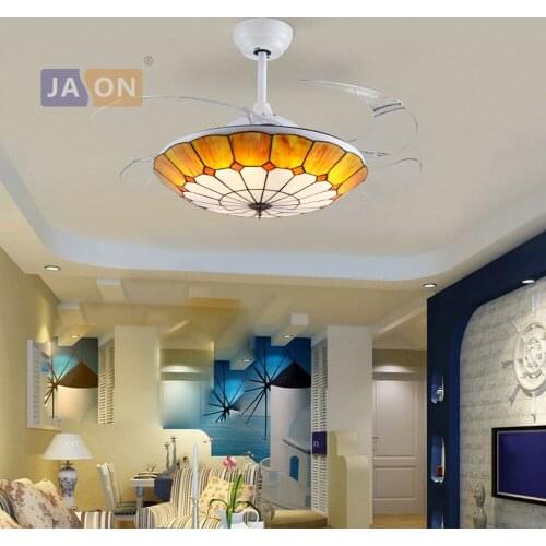 LED Mediterranean sea Iron Glass ABS Yellow Ceiling Fan.LED Lamp.LED Light.Ceiling Lights.LED Ceiling Light.For Foyer