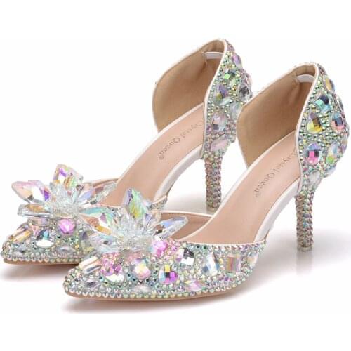 Crystal Queen Bling Bling Stones Glass Stiletto High Heels Sexy Pointed Toe Bridal Pumps Diamond Wedding Shoes Women Sandals 7CM
