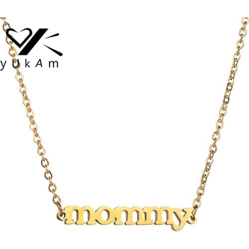 YUKAM Jewelry Gold Stainless Steel Mommy Necklace Statement Handmade Short Chain Family Pendants Necklaces for Mothers Day Gifts