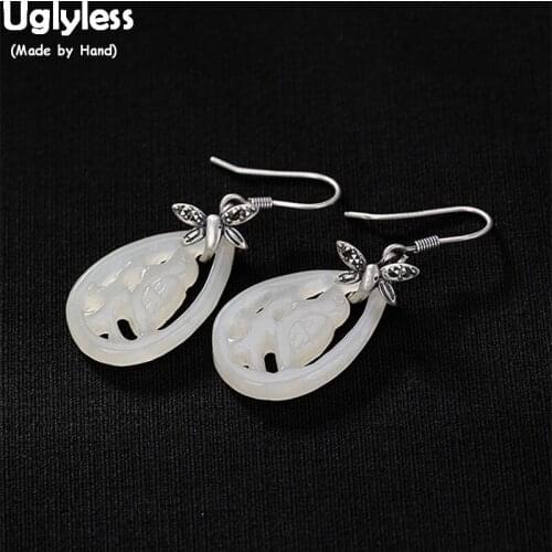 Uglyless Thai Silver Dragonfly Earrings for Women Handmade Carved White Jade Bird Earrings 100% Solid 925 Silver Fine Jewelry