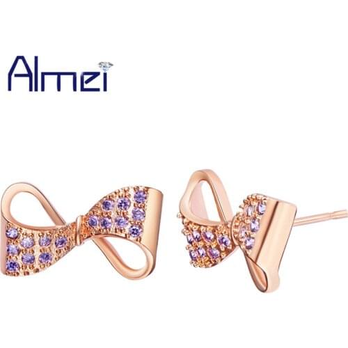 Bow/Bowknot Simple Earrings Women Jewelry Micro Pave Cubic Zircons Rose Gold Color with Multi Color Earrings ULOVE R704