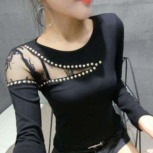 Sexy Club Party Mesh Pullover Tshirt 2020 New Spring Autumn Women Long Sleeve Patchwork Lace Hollow Out Diamonds Rivet T Shirts