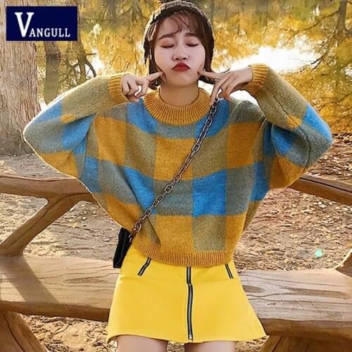 Vangull Plaid Print Womens Sweater Autumn Winter O Neck Casual Loose knitted Pullovers Long Sleeve Fashion Short Ladies Sweater