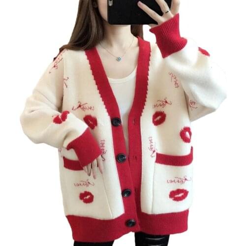 Spring Autumn Fashion Patchwork Knitting Sweater Cardigan Women Loose Casual V-Neck Long Sleeve Big Pocket Knitted Tops Female