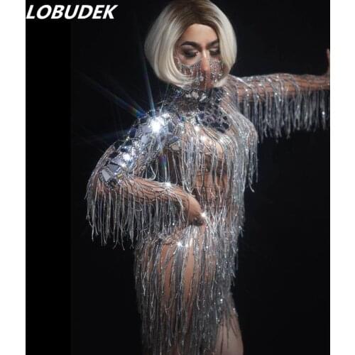 Singer Dancer Concert Performance Silver Mirror Tassel Dress Stage Costume Fringe Sleeve Sequins Short Dress Birthday Dresses