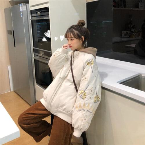 Winter Loose Korean Christmas Embroidery Women Parkas Warm Padded Female Coat Fashion Cotton Coat