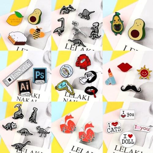 2~6pcs/set Funny Enamel Pins Cartoons Fox Panda Avocado Dinosaur PS Tools Letter Brooches Clothes Lapel Pin Badges Jewelry Gift