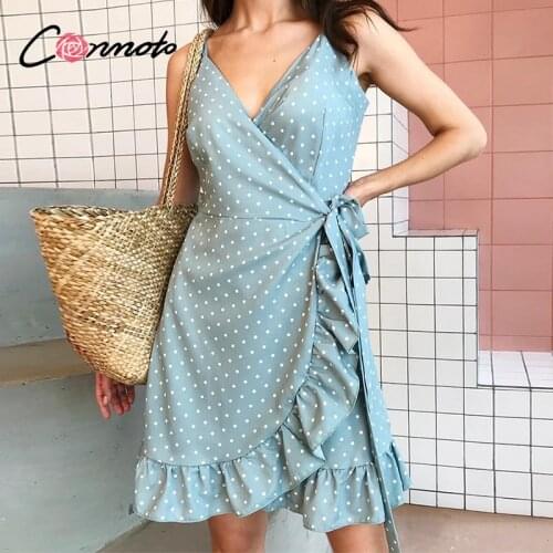 Conmoto 2021 Spring summer ruffled strap dress woman Green boho polka dot pattern mini dress High waist holiday dress for ladies