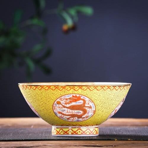 Jingdezhen Bamboo Hat Shaped Bowl Ceramic Rice Bowl Antique Large High Foot 7-inch Large Ramen Bowl Longevity Bowl