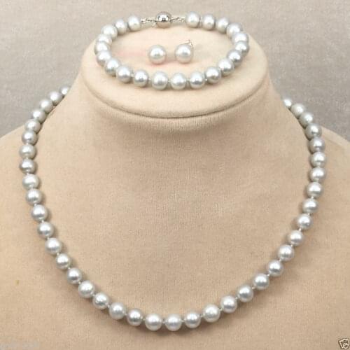 Elegant Natural 8-9mm Gray Freshwater Pearl Necklace Bracelet Earrings Set