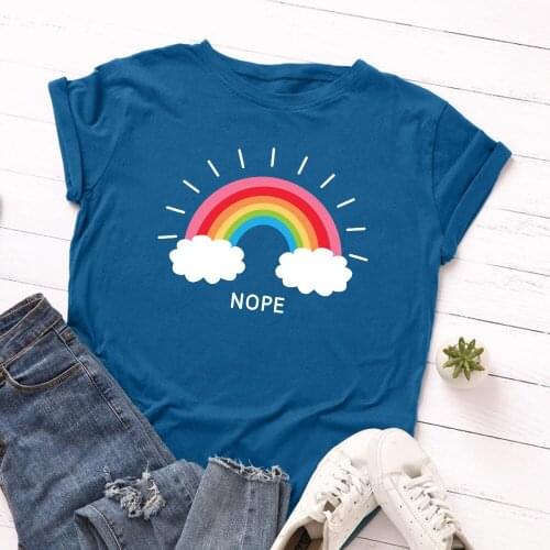 Harajuku Rainbow Cloud Graphic T Shirt Women Funny Cotton Short Sleeve Nope Letter Basic Tops Oversized Loose Tshirt Casual Tees