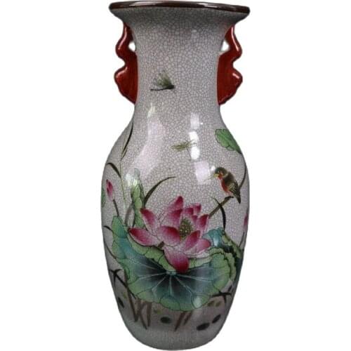 Chinese Old Porcelain Open Piece Pastel Flower And Bird Double Ear Bottle