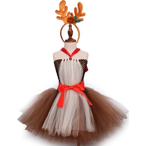 Deer Costume Tutu Dress Girls Christmas Deer Desses with Christmas Headband Outfit Kids Halloween Costume Brown Deer TUTU