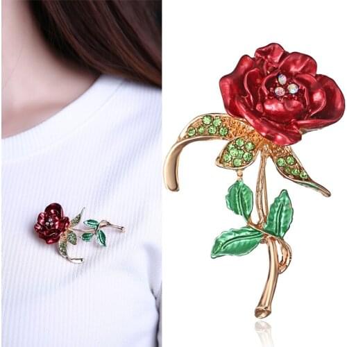 Red Enamel Flower Brooch Rose Rhinestone Leaf Tulip Brooch For Scarf Clip Brooches For Women Clothing Pins Wedding