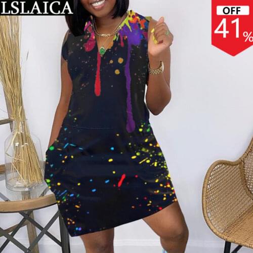 Summer One-piece Dress V Neck Ink-jet Printing Sleeveless Loose Sweatshirt Summer Dresses Womens Pockets Casual Mini Dress 2021