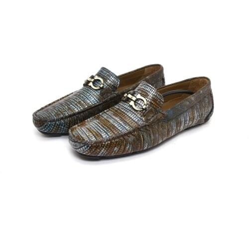 Handmade Loafers with Forest Snake Skin Pattern, Striped Embossed Blue & Brown Brown Calf Leather, Artistic Fashion Shoes for Me