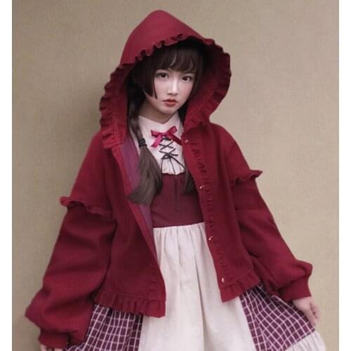 Little Puff Cute Girls Winter Wool Blend Cape Thickening Warm Hooded Coat Ruffles Trim Kawaii Lolita Outwear Womens Coats