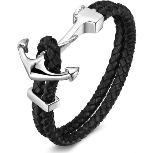 Punk Black/Brown Braided Leather Bracelet For Men Stainless Steel Fashion Boat Anchor Bracelets Friendship Jewelry Retro Gift