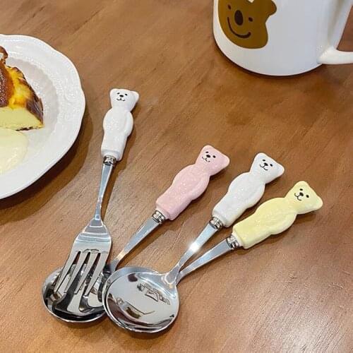 2021 New Stainless Steel Knife Fork And Spoon Set Girl Heart Cartoon Creative Cute Bear Dessert Dinner Utensils Must Have Gift