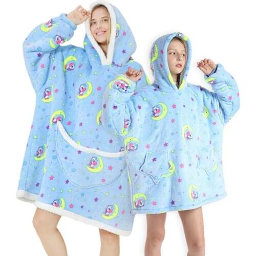 Oversized Hood Blanket With Sleeve Family Matching Homewear Girls Cartoon Unicorn Pyjamas Kids Sweatshirt Winter Fleece Blanket