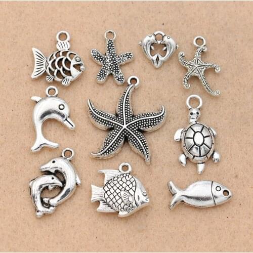 10PCS Mixed Antique Silver Plated Dolphin Starfish Turtle Charms Pendant Jewelry Making Bracelet Accessories Crafts