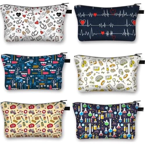 Nurse Electrocardiogram Printing Lady Cosmetic Bag Pills Nurse Girl Storage Bag Fashion Cosmetic Case