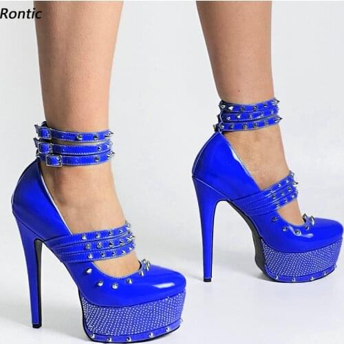 Women Platform Pumps Ankle Strap Rhinestone Sexy Studs Stiletto Heels Round Toe Lake Blue Night Club Shoes Women US Size 5-20