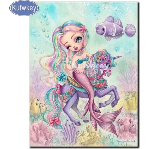 Embroidery Mermaid girl and unicorn diamond Painting full square round drill Mosaic Cross Stitch big eyes girl Home Decor Gift