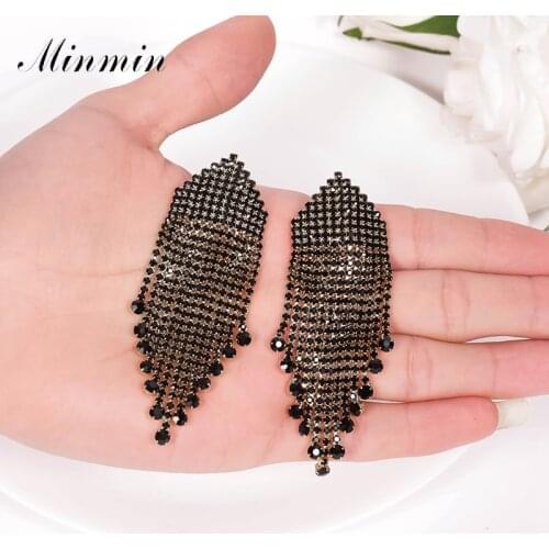 Minmin Black Rhinestone Large Statement Vintage Tassel Earrings for Women Punk Big Clip on Earrings without Piercing MEH1375