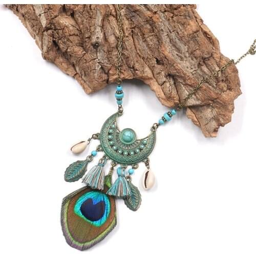Womens Ethnic Boho Peacock Feather Tassel Necklace Vintage Summer Moon Alloy Shell Chain Necklace Tibetan Indian Jewelry