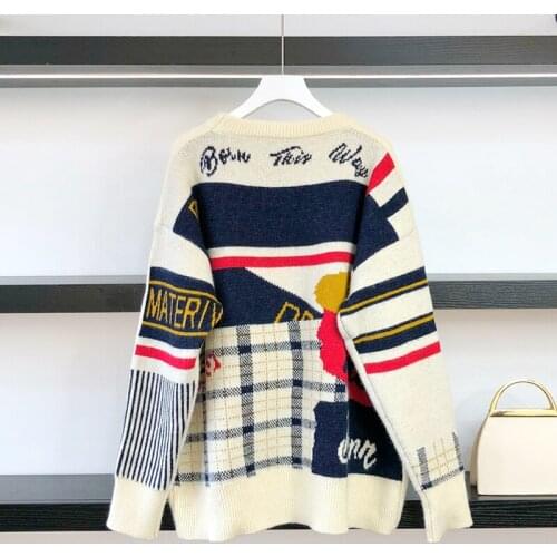 Womens Long Pullover Sweater Plaid Print Pullover Letter Casual Chic Harajuku Knitted Sweater 2021 Fall Winter New
